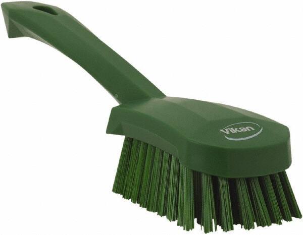 Vikan - 1.3" Bristle Length, Polyester Scrub Brush - 4-1/4" Long x 2-3/4" Wide Head, 10" OAL, Green, Polypropylene Block - Exact Tool & Supply