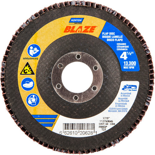 ‎4-1/2 × 7/8″ Blaze Fiberglass HD Flat Flap Disc Type 27 40 Grit R980P Premium Ceramic Alumina - Exact Tool & Supply