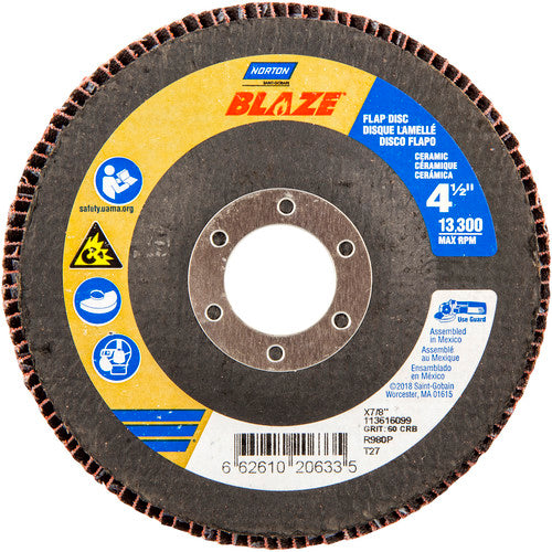 ‎4-1/2 × 7/8″ Blaze Fiberglass HD Flat Flap Disc Type 27 60 Grit R980P Premium Ceramic Alumina - Exact Tool & Supply