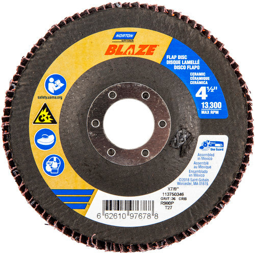 ‎4-1/2 × 7/8″ Blaze Fiberglass HD Flat Flap Disc Type 27 36 Grit R980P Premium Ceramic Alumina - Exact Tool & Supply