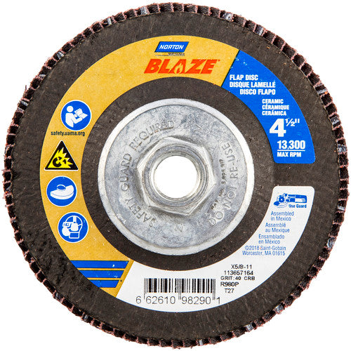 ‎4-1/2 × 5/8 - 11″ Blaze Fiberglass HD Flat Flap Disc Type 27 40 Grit R980P Premium Ceramic Alumina - Exact Tool & Supply