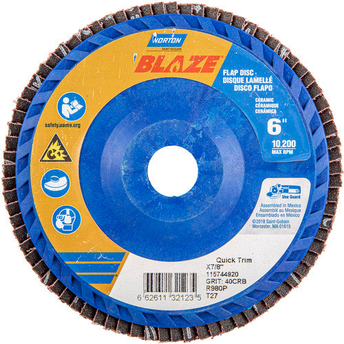 6 × 7/8″ Blaze Plastic Flat Flap Disc Type 27 40 Grit R980P Premium Ceramic Alumina - Exact Tool & Supply