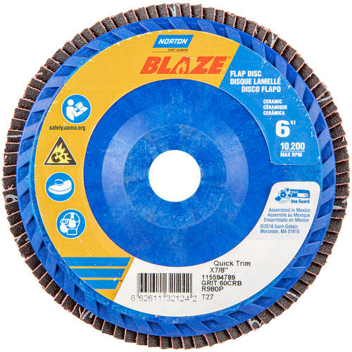 6 × 7/8″ Blaze Plastic Flat Flap Disc Type 27 60 Grit R980P Premium Ceramic Alumina - Exact Tool & Supply