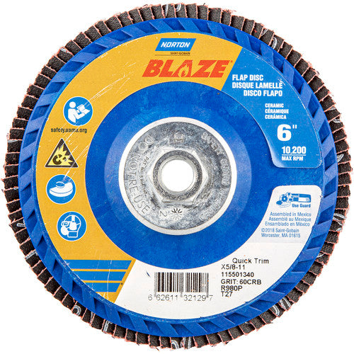 ‎6 × 5/8 - 11″ Blaze Plastic Flat Flap Disc Type 27 60 Grit R980P Premium Ceramic Alumina - Exact Tool & Supply