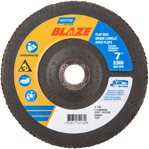 7 × 7/8″ Blaze Fiberglass HD Flat Flap Disc Type 27 40 Grit R980P Premium Ceramic Alumina - Exact Tool & Supply