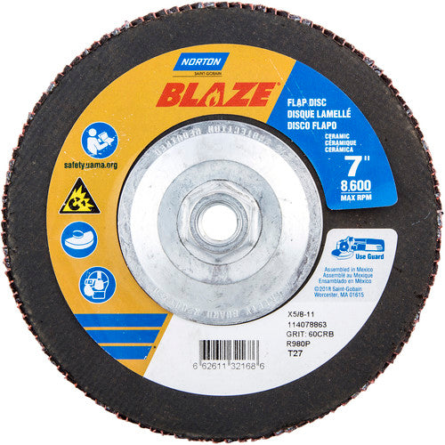 ‎7 × 5/8 - 11″ Blaze Fiberglass HD Flat Flap Disc Type 27 60 Grit R980P Premium Ceramic Alumina - Exact Tool & Supply