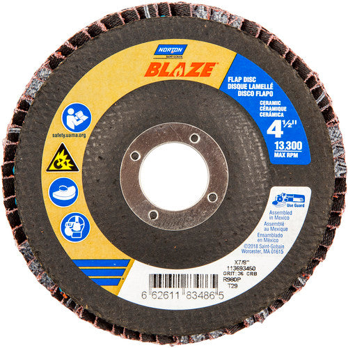 ‎4-1/2 × 7/8″ Blaze Fiberglass Conical Flap Disc Type 29 36 Grit R980P Premium Ceramic Alumina - Exact Tool & Supply
