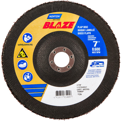 7 × 7/8″ Blaze Fiberglass Conical Flap Disc Type 29 40 Grit R980P Premium Ceramic Alumina - Exact Tool & Supply