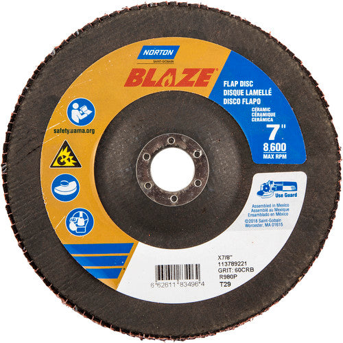 7 × 7/8″ Blaze Fiberglass Conical Flap Disc Type 29 60 Grit R980P Premium Ceramic Alumina - Exact Tool & Supply