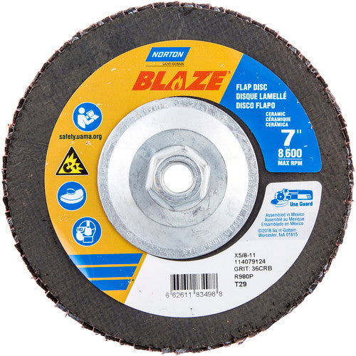 ‎7 × 5/8 - 11″ Blaze Fiberglass Conical Flap Disc Type 29 36 Grit R980P Premium Ceramic Alumina - Exact Tool & Supply