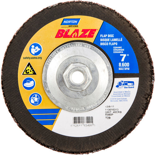 ‎7 × 5/8 - 11″ Blaze Fiberglass Conical Flap Disc Type 29 40 Grit R980P Premium Ceramic Alumina - Exact Tool & Supply