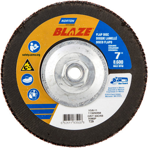 ‎7 × 5/8 - 11″ Blaze Fiberglass Conical Flap Disc Type 29 60 Grit R980P Premium Ceramic Alumina - Exact Tool & Supply