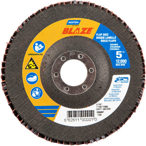 5 × 7/8″ Blaze Fiberglass Conical Flap Disc Type 29 36 Grit R980P Premium Ceramic Alumina - Exact Tool & Supply