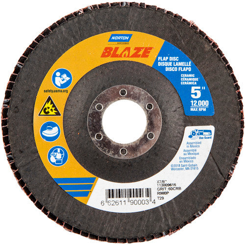 5 × 7/8″ Blaze Fiberglass Conical Flap Disc Type 29 60 Grit R980P Premium Ceramic Alumina - Exact Tool & Supply