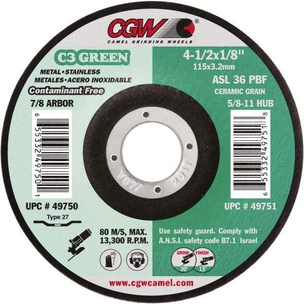Camel Grinding Wheels - 36 Grit, 4-1/2" Wheel Diam, 1/8" Wheel Thickness, 7/8" Arbor Hole, Type 27 Depressed Center Wheel - Medium Grade, Aluminum Oxide, Resinoid Bond, 13,300 Max RPM - Exact Tool & Supply