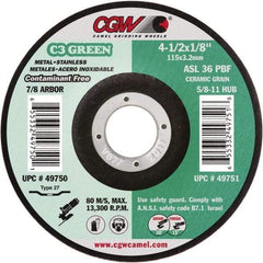 Camel Grinding Wheels - 36 Grit, 4-1/2" Wheel Diam, 1/8" Wheel Thickness, 7/8" Arbor Hole, Type 27 Depressed Center Wheel - Medium Grade, Aluminum Oxide, Resinoid Bond, 13,300 Max RPM - Exact Tool & Supply