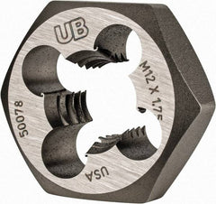 Union Butterfield - M12x1.75 Metric Coarse Thread, 1-1/16" Hex, Right Hand Thread, Hex Rethreading Die - Chromium Steel, 1/2" Thick, Series 2325M - Exact Tool & Supply