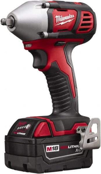 Milwaukee Tool - 3/8" Drive 18 Volt Pistol Grip Cordless Impact Wrench & Ratchet - 0 to 2,200 RPM, 0 to 3,200 BPM, 167 Ft/Lb Torque, 2 Lithium-Ion Batteries Included - Exact Tool & Supply