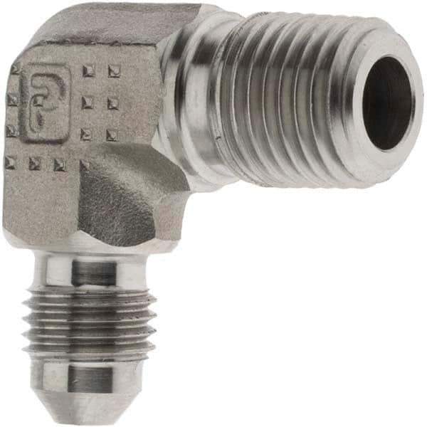 Parker - 1/4" Tube OD, 37° Stainless Steel Flared Tube 90° Elbow - 1/4-18 NPTF, Flare x NPTF Ends - Exact Tool & Supply