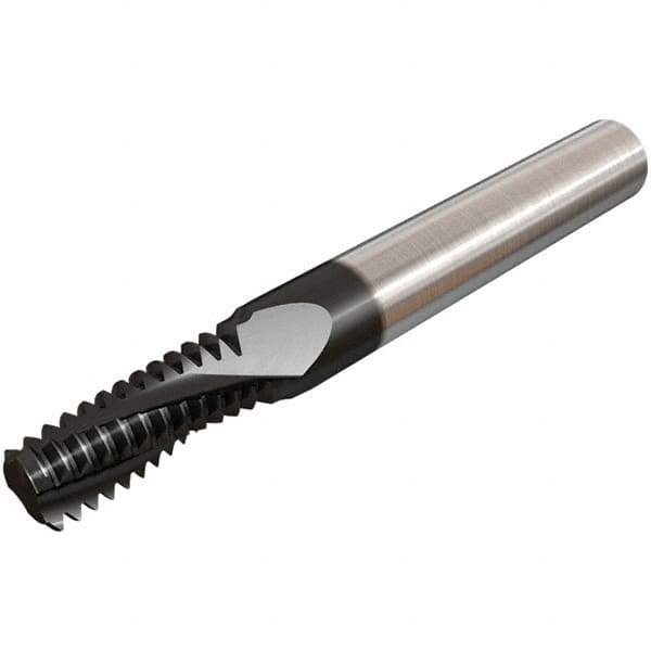 Iscar - 9/16-18 UNF, 0.445" Cutting Diam, 4 Flute, Solid Carbide Helical Flute Thread Mill - Internal Thread, 1.03" LOC, 3-1/2" OAL, 1/2" Shank Diam - Exact Tool & Supply