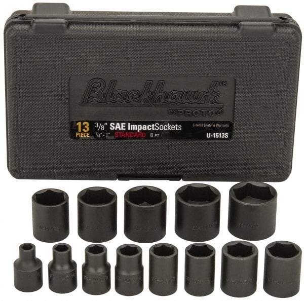 Blackhawk by Proto - 13 Piece 3/8" Drive Black Finish Impact Socket Set - 6 Points, 1/4" to 1" Range, Inch Measurement Standard - Exact Tool & Supply