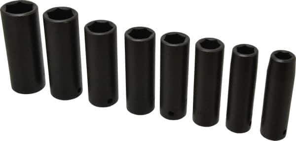 Proto - 8 Piece 1/2" Drive Black Finish Deep Well Impact Socket Set - 6 Points, 1/2" to 15/16" Range, Inch Measurement Standard - Exact Tool & Supply