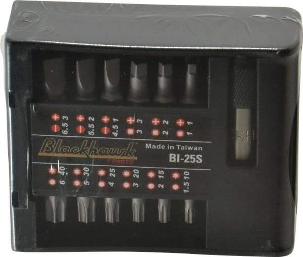Blackhawk by Proto - 25 Piece, Screwdriver Insert Bit Set - #1, #2 & #3 Phillips, 1.5 to 6mm Hex, T10 to T40 Torx, #1, #2 & #3 Pozidriv, 5/32, 7/32 & 1/4" Slotted - Exact Tool & Supply