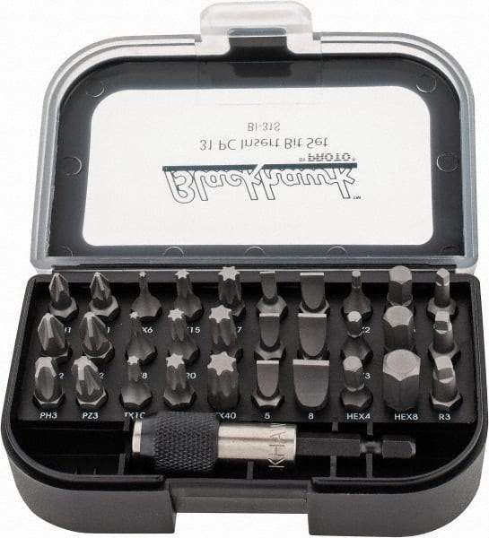 Blackhawk by Proto - 31 Piece, Screwdriver Insert Bit Set - #1, #2 & #3 Phillips, 2 to 8mm Hex, T6 to T40 Torx, #1, #2 & #3 Pozidriv, 1/8, 5/32, 3/16, 7/32, 1/4 & 9/32" Slotted - Exact Tool & Supply