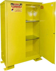 Securall Cabinets - 2 Door, 2 Shelf, Yellow Steel Standard Safety Cabinet for Flammable and Combustible Liquids - 69" High x 43" Wide x 18" Deep, Manual Closing Door, 3 Point Key Lock, 45 Gal Capacity - Exact Tool & Supply
