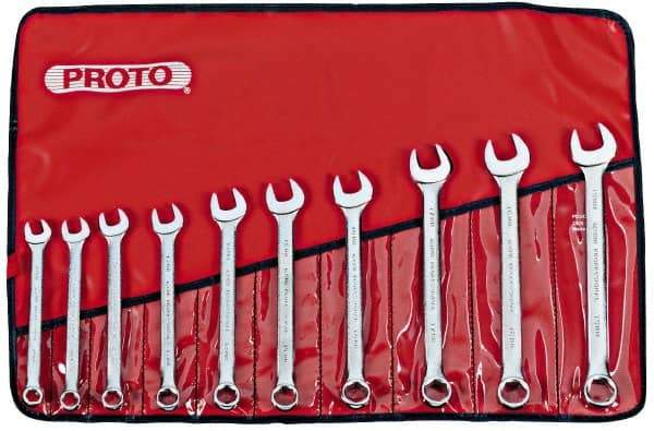 Proto - 10 Piece, 11mm to 19mm, 6 Point Combination Wrench Set - Metric Measurement Standard, Satin Chrome Finish, Comes in Nylon Roll - Exact Tool & Supply