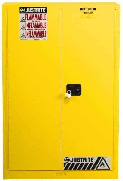 Justrite - 2 Door, 5 Shelf, Yellow Steel Standard Safety Cabinet for Flammable and Combustible Liquids - 65" High x 43" Wide x 18" Deep, Manual Closing Door, 3 Point Key Lock, 60 Gal Capacity - Exact Tool & Supply
