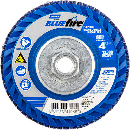 ‎4-1/2 × 5/8 - 11″ BlueFire Plastic Flat Flap Disc Type 27 P36 Grit R884V1 Zirconia Alumina - Exact Tool & Supply