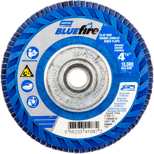 ‎4-1/2 × 5/8 - 11″ BlueFire Plastic Flat Flap Disc Type 27 P60 Grit R884V1 Zirconia Alumina - Exact Tool & Supply