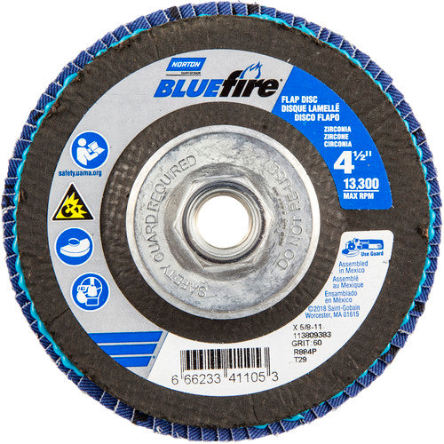 ‎4-1/2 × 5/8 - 11″ BlueFire Fiberglass Conical Flap Disc Type 29 P60 Grit R884V1 Zirconia Alumina - Exact Tool & Supply