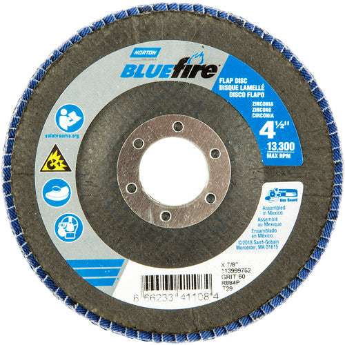 ‎4-1/2 × 7/8″ BlueFire Fiberglass Conical Flap Disc Type 29 P60 Grit R884V1 Zirconia Alumina - Exact Tool & Supply