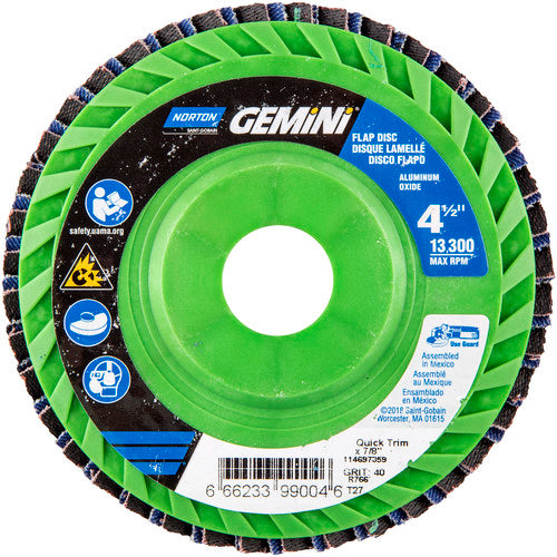 ‎4-1/2 × 7/8″ Gemini Plastic Flat Flap Disc Type 27 P40 Grit R766 Zirconia Alumina - Exact Tool & Supply