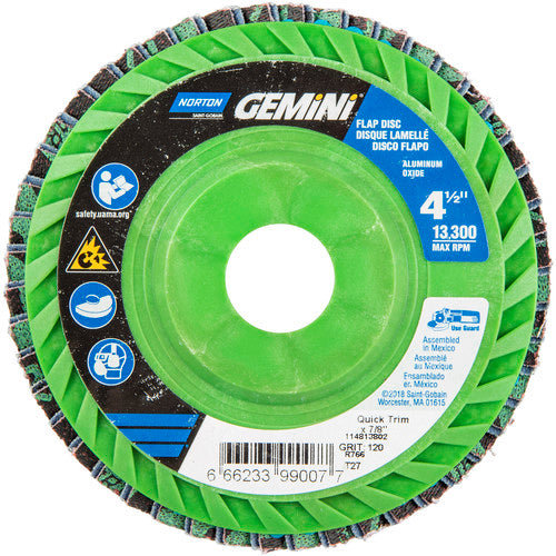 ‎4-1/2 × 7/8″ Gemini Plastic Flat Flap Disc Type 27 P120 Grit R766 Zirconia Alumina - Exact Tool & Supply