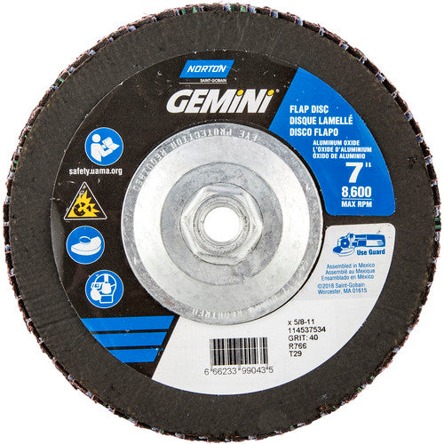 ‎7 × 5/8 - 11″ Gemini Fiberglass Conical Flap Disc Type 29 P40 Grit R766 Zirconia Alumina - Exact Tool & Supply