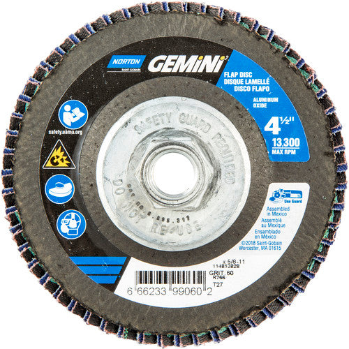 ‎4-1/2 × 5/8 - 11″ Gemini Fiberglass HD Flat Flap Disc Type 27 P60 Grit R766 Zirconia Alumina - Exact Tool & Supply