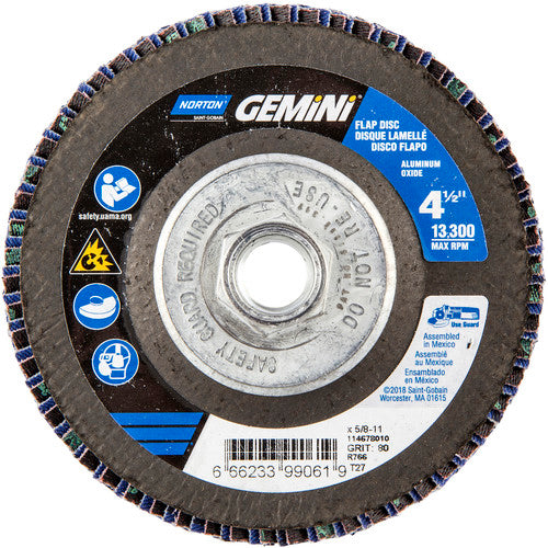 ‎4-1/2 × 5/8 - 11″ Gemini Fiberglass HD Flat Flap Disc Type 27 P80 Grit R766 Zirconia Alumina - Exact Tool & Supply