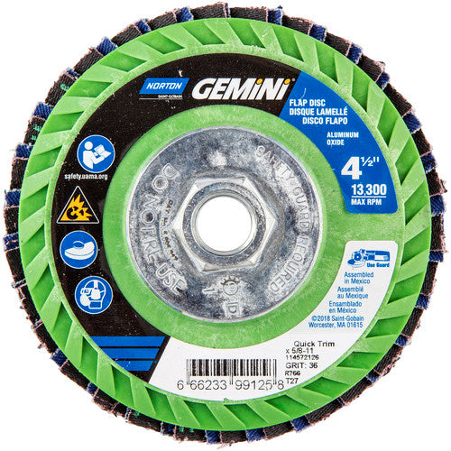 ‎4-1/2 × 5/8 - 11″ Gemini Plastic Flat Flap Disc Type 27 P36 Grit R766 Zirconia Alumina - Exact Tool & Supply