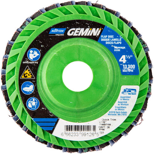 ‎4-1/2 × 7/8″ Gemini Plastic Flat Flap Disc Type 27 P36 Grit R766 Zirconia Alumina - Exact Tool & Supply