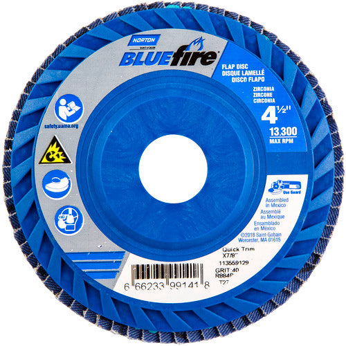 ‎4-1/2 × 7/8″ BlueFire Plastic Flat Flap Disc Type 27 P40 Grit R884P Zirconia Alumina - Exact Tool & Supply