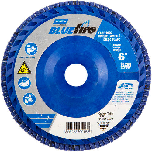 6 × 7/8″ BlueFire Plastic Flat Flap Disc Type 27 P60 Grit R884P Zirconia Alumina - Exact Tool & Supply