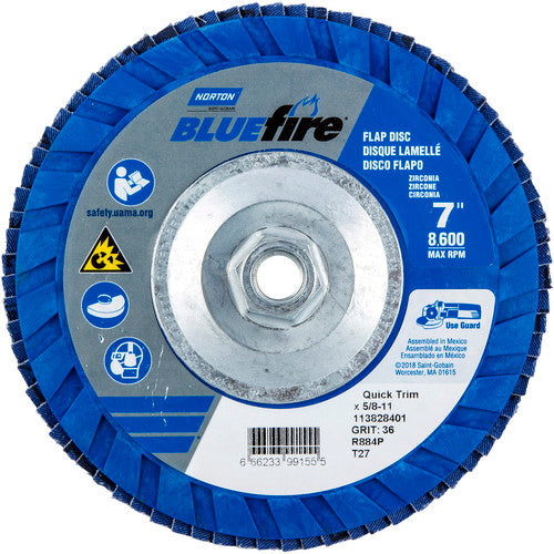 ‎7 × 5/8 - 11″ BlueFire Plastic Flat Flap Disc Type 27 P36 Grit R884P Zirconia Alumina - Exact Tool & Supply