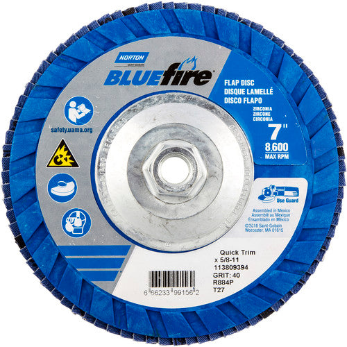 ‎7 × 5/8 - 11″ BlueFire Plastic Flat Flap Disc Type 27 P40 Grit R884P Zirconia Alumina - Exact Tool & Supply