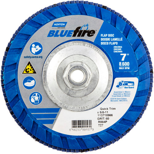 ‎7 × 5/8 - 11″ BlueFire Plastic Flat Flap Disc Type 27 P60 Grit R884P Zirconia Alumina - Exact Tool & Supply