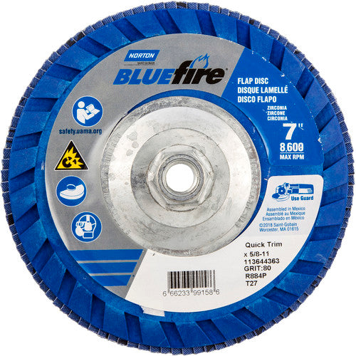 ‎7 × 5/8 - 11″ BlueFire Plastic Flat Flap Disc Type 27 P80 Grit R884P Zirconia Alumina - Exact Tool & Supply