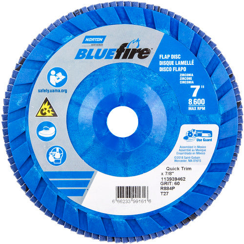 7 × 7/8″ BlueFire Plastic Flat Flap Disc Type 27 P60 Grit R884P Zirconia Alumina - Exact Tool & Supply