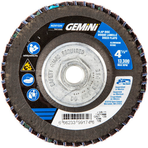 ‎4-1/2 × 5/8 - 11″ Gemini Fiberglass Conical Flap Disc Type 29 P120 Grit R766 Zirconia Alumina - Exact Tool & Supply